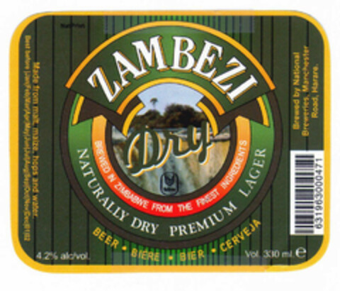 ZAMBEZI Dry BREWED IN ZIMBABWE FROM THE FINEST INGREDIENTS NATURALLY DRY PREMIUM LAGER BEER BIÈRE BIER CERVEJA Logo (EUIPO, 08.03.2001)