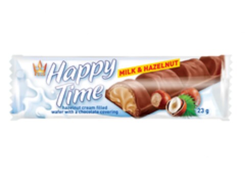 FLIS Happy Time MILK & HAZELNUT hazelnut cream filled wafer with a chocolate covering Logo (EUIPO, 23.01.2018)