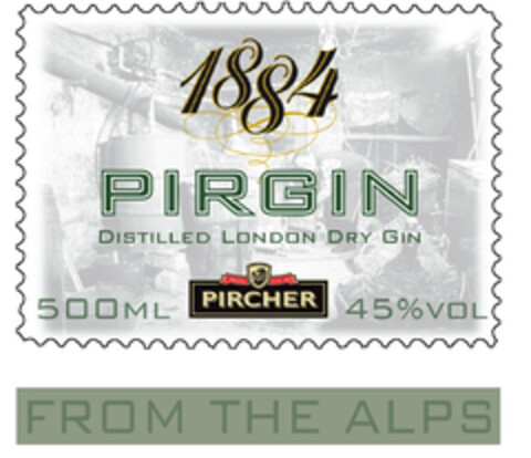 1884 PIRGIN DISTILLED LONDON DRY GIN PIRCHER 500 ML 45% VOL FROM THE ALPS Logo (EUIPO, 24.03.2021)