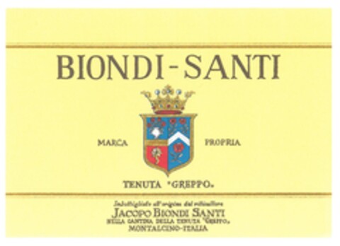 BIONDI-SANTI MARCA PROPRIA TENUTA "GREPPO" imbottigliato all'origine dal viticultore JACOPO BIONDI SANTI nella Cantina della Tenuta "GREPPO" MONTALCINO-ITALIA Logo (EUIPO, 19.03.2015)