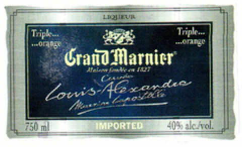 LIQUEUR Triple... ...orange Grand Marnier Maison fondée en 1827 Cuvée Louis-Alexandre Marnier-Lapostolle 750 ml IMPORTED 40% alc./vol. Logo (EUIPO, 13.11.1998)