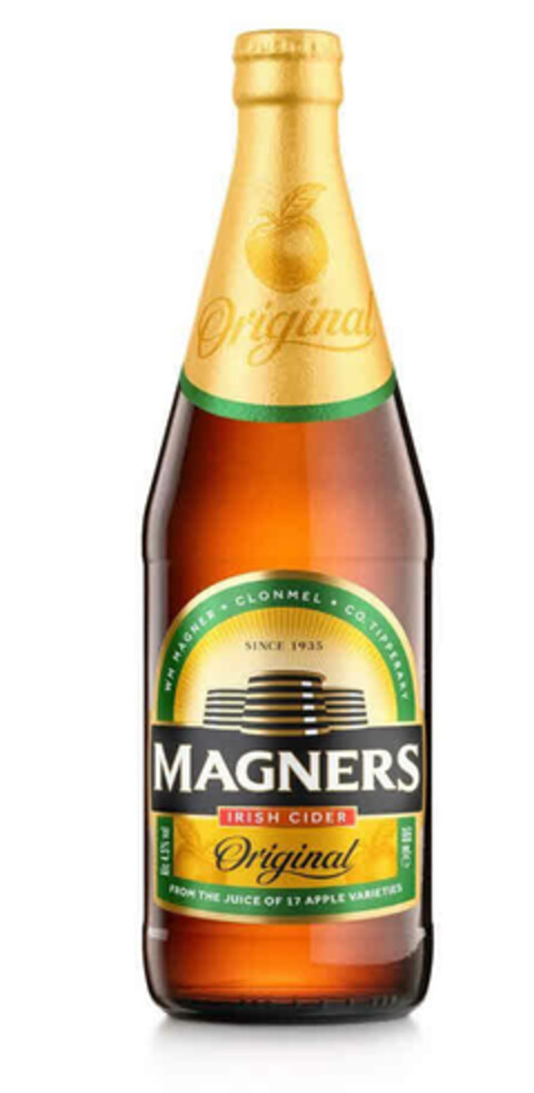 MAGNERS IRISH CIDER ORIGINAL CLONMEL WM MAGNER SINCE 1935 CO.TIPPERARY ALC 4.5% VOL ORIGINAL FROM THE JUICE OF 17 APPLE VARIETIES Logo (EUIPO, 07.07.2022)