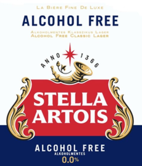 LA BIÈRE FINE DE LUXE ALCOHOL FREE ALKOHOLMENTES KLASSZIKUS LAGER ALCOHOL FREE CLASSIC LAGER ΑΝΝΟ 1366 STELLA ARTOIS ALCOHOL FREE ALKOHOLMENTES 0.0 % Logo (EUIPO, 04.04.2024)