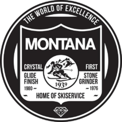 THE WORLD OF EXCELLENCE MONTANA CRYSTAL GLIDE FINISH 1980 FIRST STONE GRINDER 1976 1939 HOME OF SKISERVICE Logo (EUIPO, 05/09/2023)