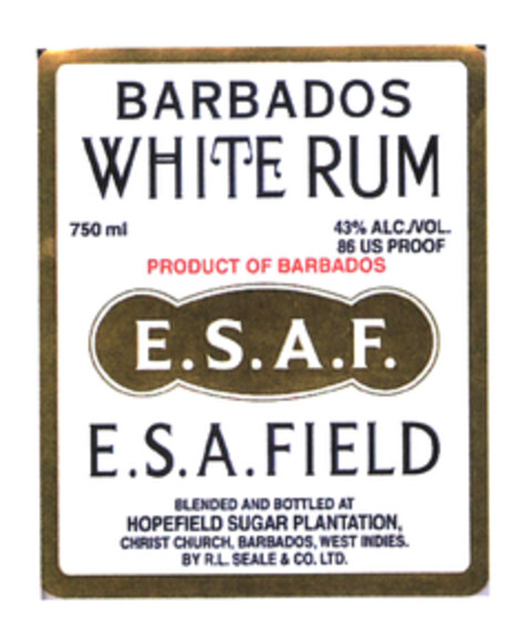 BARBADOS WHITE RUM E.S.A.F. E.S.A. FIELD Logo (EUIPO, 10/29/2003)