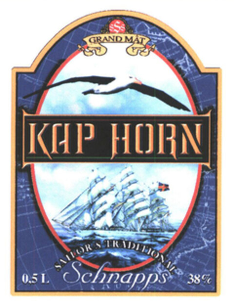 GRAND MÂT KAP HORN 0.5 L SAILOR'S TRADITIONAL Schnapps 38 % Logo (EUIPO, 22.01.2004)