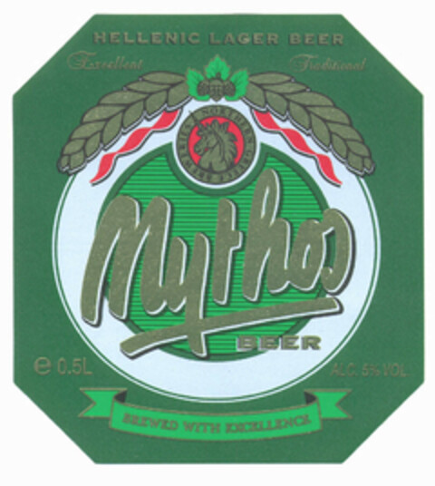 Mythos BEER HELLENIC LAGER BEER BREWED WITH EXCELLENCE Logo (EUIPO, 06.08.2001)