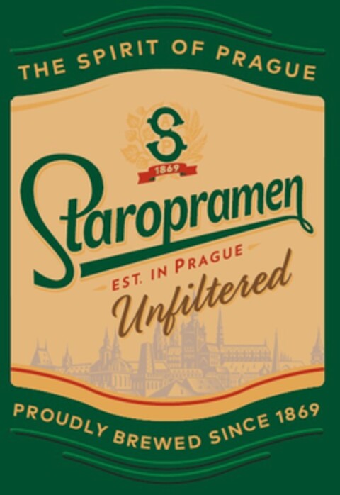 THE SPIRIT OF PRAGUE 1869 Staropramen EST. IN PRAGUE Unfiltered PROUDLY BREWED SINCE 1869 Logo (EUIPO, 24.01.2019)