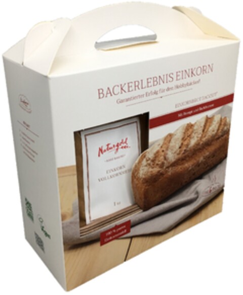 BACKERLEBNIS EINKORN Garantierter Erfolg für den Hobbybäcker! EINKORNBROT BACKSET Mit Rezept und Backformen Naturgold Easy Baking Einkorn Vollkornmehl 1 kg 100% pures Einkornmehl! Für 6 Brote Vegan Logo (EUIPO, 04/16/2019)