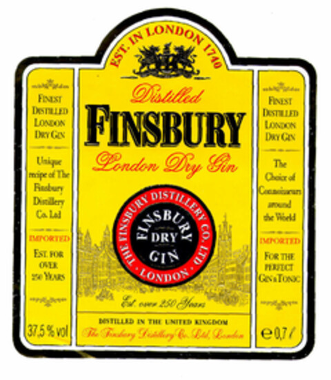 FINSBURY Distilled London Dry Gin EST. IN LONDON 1740 Est.over 250 Years DISTILLED IN THE UNITED KINGDOM Logo (EUIPO, 12/21/2001)