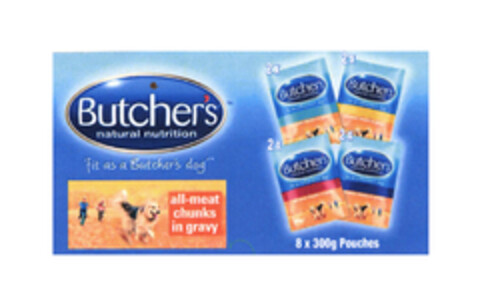 Butcher's natural nutrition " fit as a Butcher's dog" all-meat chunks in gravy 8 x 300g Pouches Logo (EUIPO, 16.10.2006)