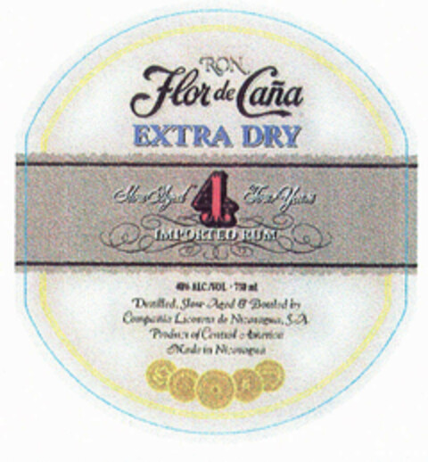 RON Flor de Caña EXTRA DRY Slow Aged 4 Four Years IMPORTED RUM 40 ALC/VOL- 750 ml Distilled.Slow Aged & Bottled by Compañia Licorera de Nicaragua.S.A. Product of Central America Made in Nicaragua Logo (EUIPO, 25.09.2000)