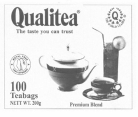 Qualitea The taste you can trust Q THE WORLD LEADER METAL FREE 100% HYGENIC 100 Teabags NETT WT. 200g Premium Blend Logo (EUIPO, 21.02.2001)