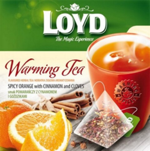 LOYD The Magic Experience Warming Tea FLAVOURED HERBAL TEA/ HERBATKA ZIOŁOWA AROMATYZOWANA SPICY ORANGE with CINNAMON and CLOVES smak POMARAŃCZY Z CYNAMONEM I GOŹDZIKAMI WARMING SPICES Logo (EUIPO, 30.10.2012)