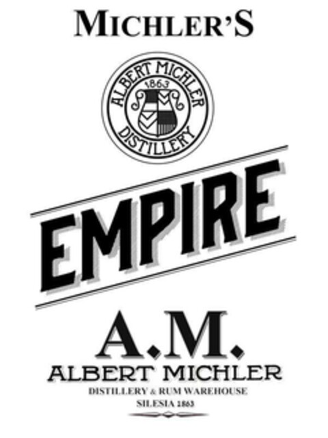 MICHLER´S ALBERT MICHLER 1863 DISTILLERY EMPIRE A.M. ALBERT MICHLER DISTILLERY & RUM WAREHOUSE SILESIA 1863 Logo (EUIPO, 30.03.2015)