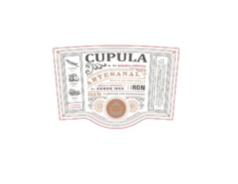 CUPULA RON ARTESANAL RESERVA ESPECIAL HECHO EN GUATEMALA RECETA ORIGINAL DESDE 1953 ELABORADO CON MACERACIONES 38%Alc/vol 700ml HAND CRAFTED Logo (EUIPO, 15.03.2018)