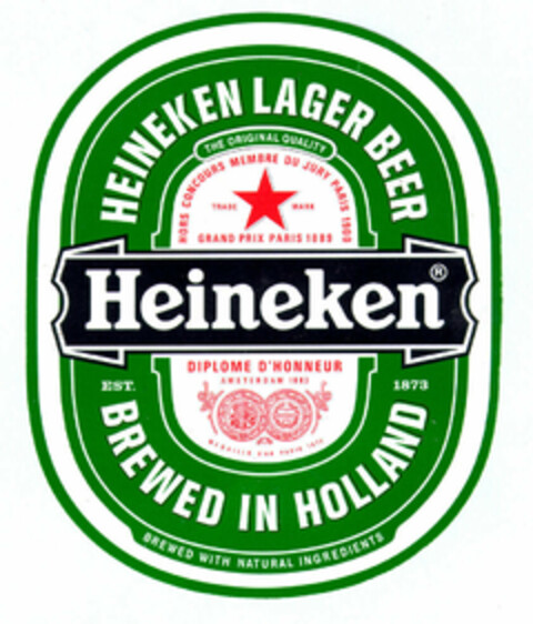 Heineken HEINEKEN LAGER BEER BREWED IN HOLLAND Logo (EUIPO, 01.04.1996)