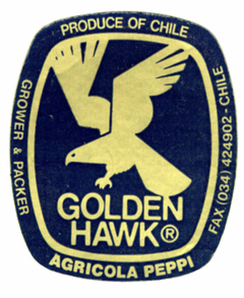 GOLDEN HAWK AGRICOLA PEPPI FAX (034) 424902-PRODUCE OF CHILE GROWER & PACKER Logo (EUIPO, 04/02/1997)