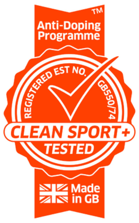 CLEAN SPORT+TESTED Anti Doping Programme REGISTERED EST N0. GB550/74 MADE IN GB Logo (EUIPO, 02/20/2019)