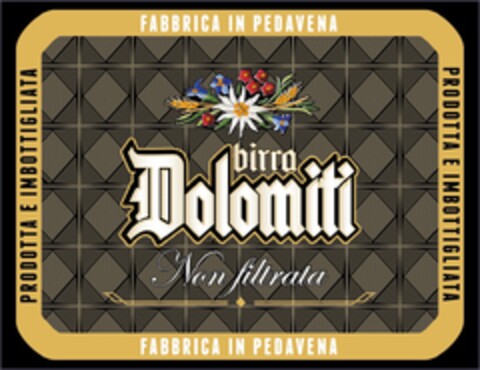 PRODOTTA E IMBOTTIGLIATA FABBRICA IN PEDAVENA BIRRA DOLOMITI NON FILTRATA Logo (EUIPO, 09.10.2019)