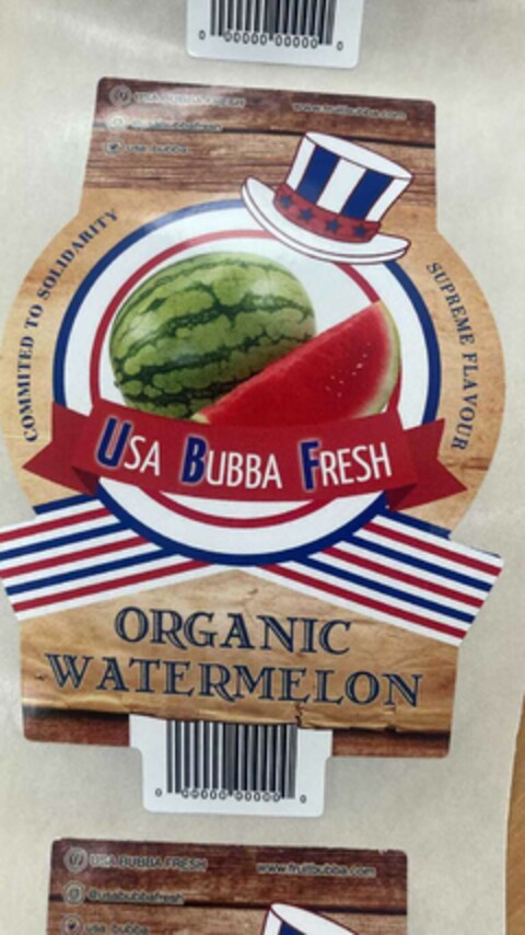 COMMITED TO SOLIDARITY USA BUBBA FRESH SUPREME FLAVOUR ORGANIC WATERMELON USA_BUBBA @USABUBBAFRESH F USA BUBBA FRESH WWW.FRUITBUBBA.COM Logo (EUIPO, 01.07.2022)