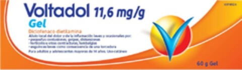 Voltadol 11,6 mg/g Gel Diclofenaco dietilamina Alivio local del dolor y de la inflamación leves y ocasionales por: pequeñas contusiones, golpes, distensiones  tortícolis u otras contracturas, lumbalgias  esguinces leves como consecuencia de una torce Logo (EUIPO, 23.05.2023)