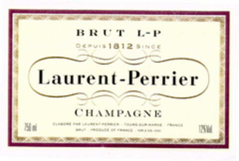 BRUT L-P DEPUIS 1812 SINCE Laurent-Perrier CHAMPAGNE ELABORÉ PAR LAURENT-PERRIER TOURS-SUR-MARNE FRANCE BRUT PRODUCE OF FRANCE NM-235-001 12%Vol. 750 ml Logo (EUIPO, 11.07.2002)