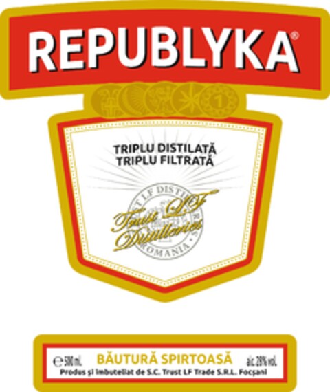 REPUBLYKA triplu distilata triplu filtrata Trust LF Distilleries ROMANIA Logo (EUIPO, 10/11/2012)