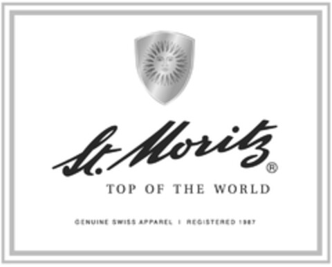 St. Moritz TOP OF THE WORLD GENUINE SWISS APPAREL REGISTERED 1987 Logo (EUIPO, 10/25/2012)