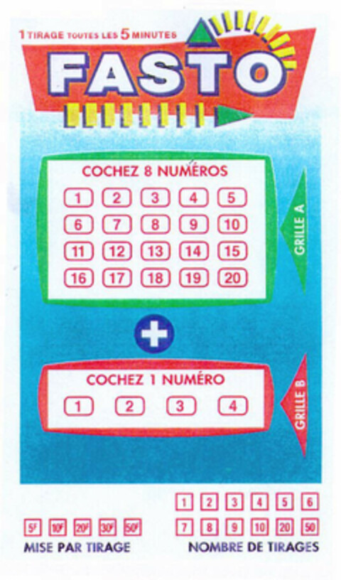 FASTO 1 TIRAGE TOUTES LES 5 MINUTES COCHEZ 8 NUMÉROS + COCHEZ 1 NUMÉRO Logo (EUIPO, 31.10.2000)