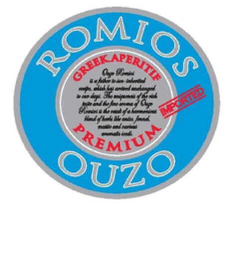 ROMIOS OUZO GREEK APERITIF PREMIUM IMPORTED Ouzo Romios is a father to son-inherited recipe, which has arrived unchanged to our days. Logo (EUIPO, 07/26/2017)