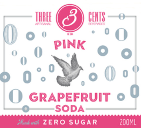 3 THREE CENTS ARTISANAL BEVERAGES PINK GRAPEFRUIT SODA ZERO SUGAR EST.2014 Logo (EUIPO, 03.06.2022)