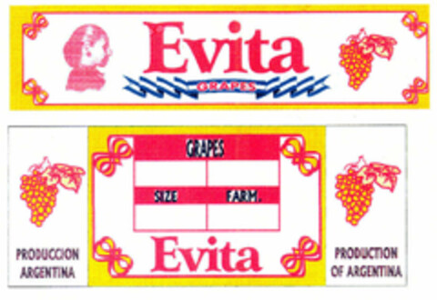 Evita GRAPES GRAPES SIZE FARM. PRODUCCION ARGENTINA Evita PRODUCTION OF ARGENTINA Logo (EUIPO, 02/17/1998)