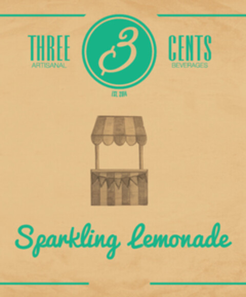 3 THREE CENTS ARTISANAL BEVERAGES Sparkling lemonade EST. 2014 Logo (EUIPO, 02/04/2019)