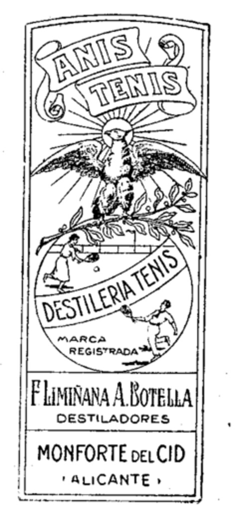 ANIS TENIS DESTILERIA TENIS F.LIMIÑANA A.BOTELLA DESTILADORES MONFORTE DEL CID ALICANTE Logo (EUIPO, 02.07.1996)