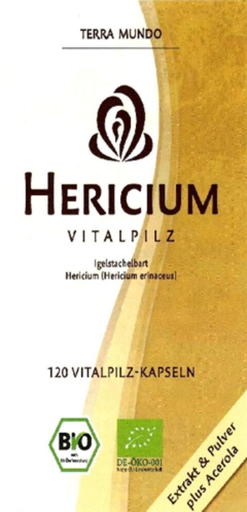 Hericium Vitalpilz Terra Mundo Igelstachelbart Hericium (Hericium erinaceus) 120 Vitalpilz-Kapseln Extrakt & Pulver plus Acerola Logo (EUIPO, 29.02.2012)