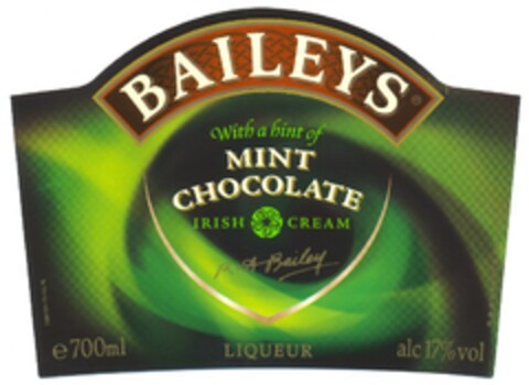 BAILEYS with a hint of MINT CHOCOLATE IRISH CREAM Logo (EUIPO, 11.01.2007)