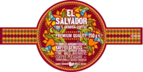 EL SALVADOR 100% ARABICA COFFEE PREMIUM QUALITY   FEINMILD  AROMATISCHER KAFFEEGENUSS TRADITIONELL SCHONEND GERÖSTET FINE MILD AROMATIC COFFEE PLEASURE TRADITIONALLY GENTLY ROASTED GANZE BOHNEN WHOLE BEANS Logo (EUIPO, 14.07.2015)