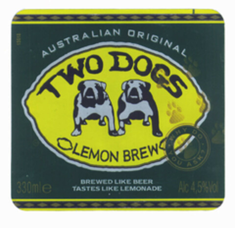 TWO DOGS LEMON BREW AUSTRALIAN ORIGINAL BREWED LIKE BEER TASTES LIKE LEMONADE Logo (EUIPO, 06.07.2000)