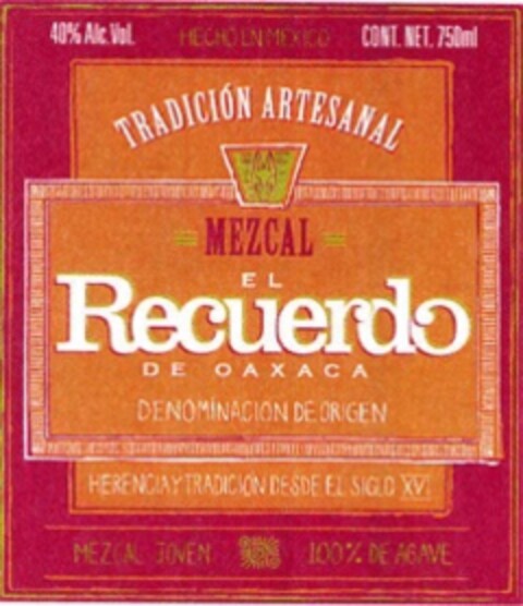 TRADICION ARTESANAL MEZCAL EL RECUERDO DE OAXACA DENOMINACION DE ORIGEN Logo (EUIPO, 06/27/2014)