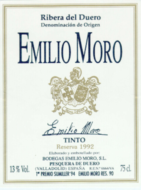 EMILIO MORO Ribera del Duero Denominación de Origen TINTO RESERVA 1992 Logo (EUIPO, 16.04.1996)