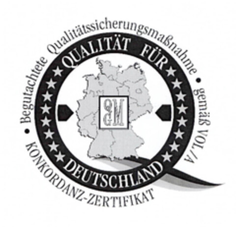 QUALITÄT FÜR DEUTSCHLAND Begutachtete Qualitätssicherungsmaßname · gemäß VOL/A · KONKORDANZ-ZERTIFIFIKAT QGM Logo (EUIPO, 15.10.2012)