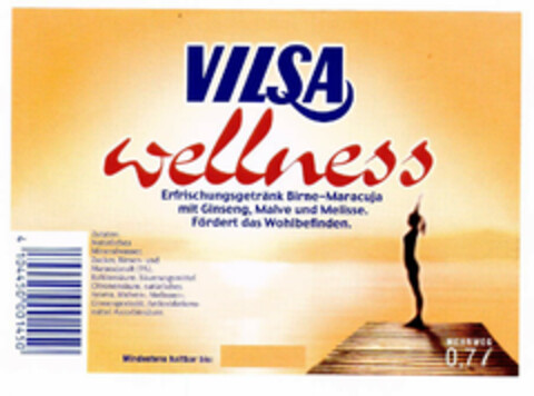 VILSA wellness Erfrischungsgetränk Birne-Maracuja mit Ginseng, Malve und Melisse. Fördert das Wohlbefinden. Logo (EUIPO, 12.11.2002)