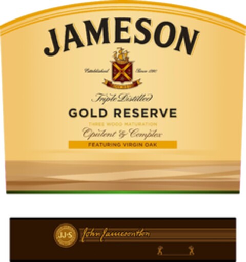 JAMESON. Established since 1780. Sine Metu. Triple distilled. GOLD RESERVE. Three wood maturation. Opulent & complex. Featuring virgin oak. John Jameson & Son limited. JJ&S. John Jameson & Son. Logo (EUIPO, 01.03.2012)