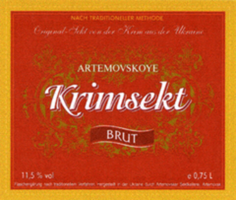 NACH TRADITIONELLER METHODE ARTEMOVSKOYE Krimsekt BRUT 11,5% vol e0,75 L Logo (EUIPO, 02/15/2005)