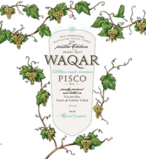 FIVE GENERATIONS DISTILLING PISCO UNDER THE PRISTINE CHILEAN DESERT SKIES WAQAR ARTISAN-MADE PREMIUM PISCO D.O. PROUDLY PRODUCED AND BOTTLED IN TULAHUÉN, VALLE DE LIMARÍ, CHILE FROM MUSCAT GRAPES Logo (EUIPO, 15.12.2010)