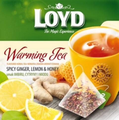 LOYD The Magic Experience Warming Tea FLAVOURED HERBAL TEA/ HERBATKA ZIOŁOWA AROMATYZOWANA SPICY GINGER, LEMON & HONEY smak IMBURU, CYTRYNY I MIODU WARMING SPICES Logo (EUIPO, 10/30/2012)