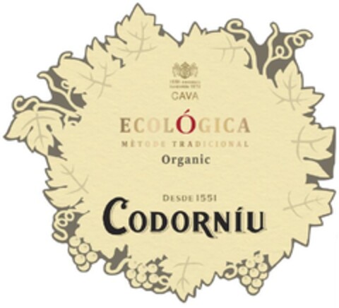 ECOLÓGICA MÈTODE TRADICIONAL Organic DESDE 1551 CODORNÍU RAVENTÓS 1872 CAVA Logo (EUIPO, 03.08.2018)