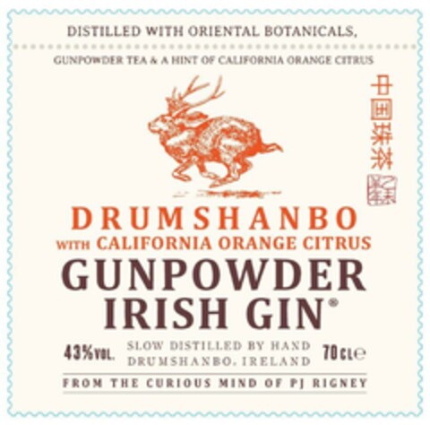 DISTILLED WITH ORIENTAL BOTANICALS, GUNPOWDER TEA & A HINT OF CALIFORNIA ORANGE CITRUS DRUMSHANBO WITH CALIFORNIA ORANGE CITRUS GUNPOWDER IRISH GIN 43 % VOL . SLOW DISTILLED BY HAND DRUMSHANBO, IRELAND FROM THE CURIOUS MIND OF PJ RIGNEY   70 CL Logo (EUIPO, 10/17/2022)