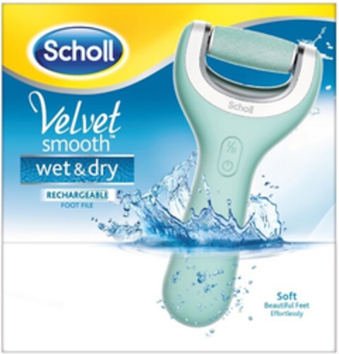 SCHOLL VELVET SMOOTH wet & dry RECHARGEABLE FOOT FILE Soft Beautiful Feet Effortlessly Logo (EUIPO, 20.10.2015)